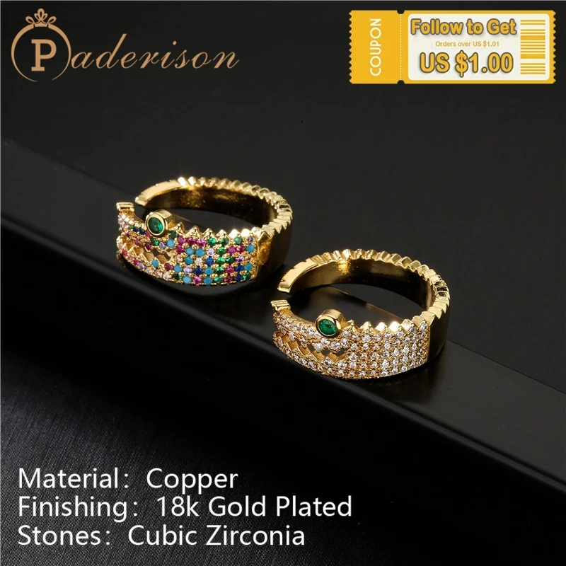 

Fashion Artistic Simple Design Crocodile Zircon Opening Ring for Women Vintage Geometric Copper 18k Gold-plated Adjustable Ring