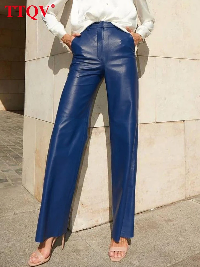 TTQV-Pantalones informales de cuero sintético para mujer, pantalones elegantes de cintura alta con bolsillos, ropa de calle a la moda, color azul, rectos, otoño, 2022