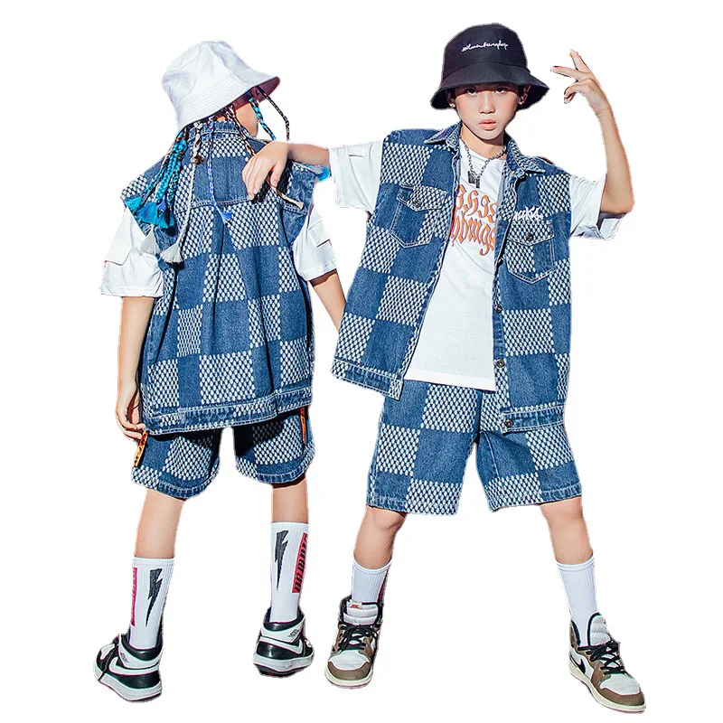 

Детские летние модные костюмы в стиле хип-хоп, джинсы в клетку для мальчиков и девочек, уличная одежда, жилет, шорты, детские танцевальные костюмы