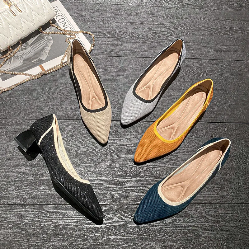 High Heels 2022 New Women's Spring and Autumn Summer Pointed Knitting Fashion Breathable Plus Size 43 Heels Shoes Women Pumps