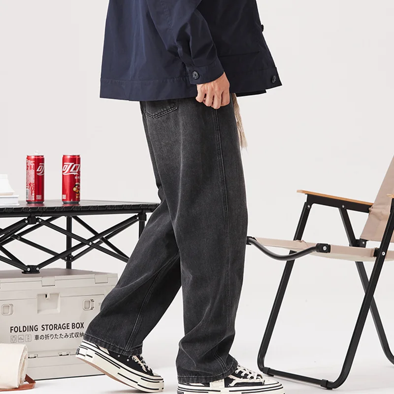 

Мужская одежда, новинка 2022, узорные свободные черные джинсы с широкими штанинами и ремешком, прямые свободные брюки-карго с цилиндром для от...