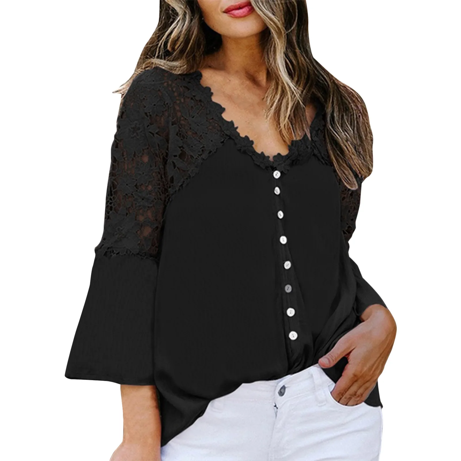 

Neck Stitching Long-sleeved Lace Solid Round Women Loose Top Winter Color Women's Blouse