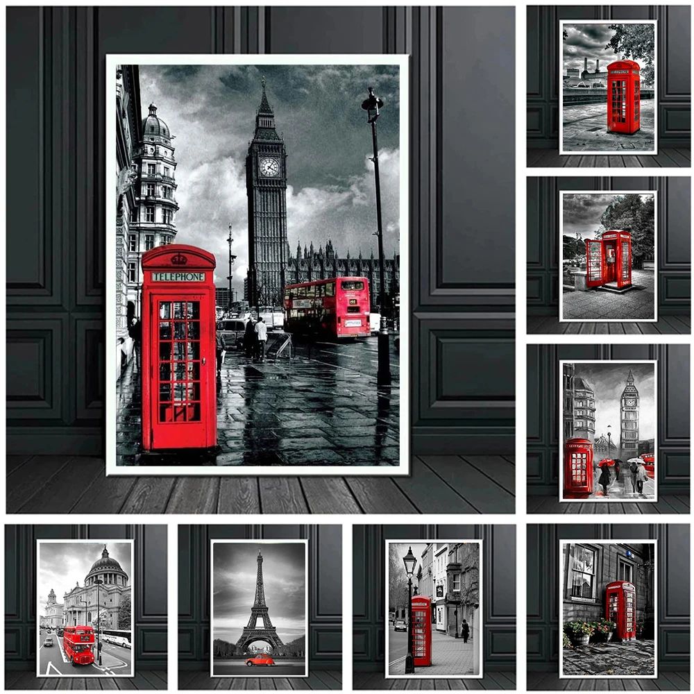 

Modern Paris City Street Landscape Poster Print For Living Room Home Decor Britain Red Telephone Box Canvas Painting Wall Art