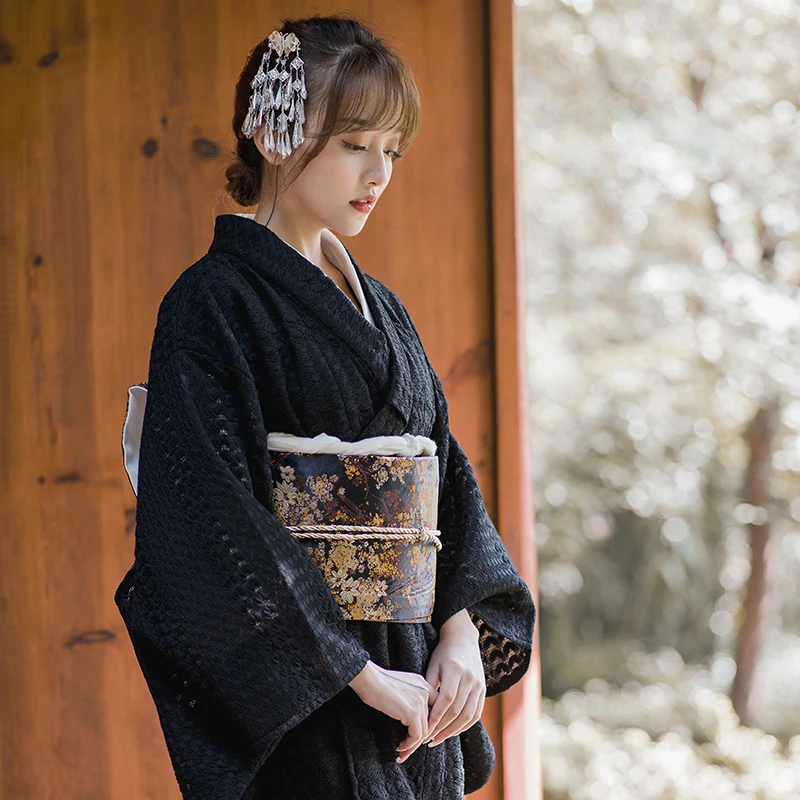 Women's Japanese Traditional Kimono Retro Style Women's Black Lace Dress Classical Formal Yukata Photography Clothing Stage Wear