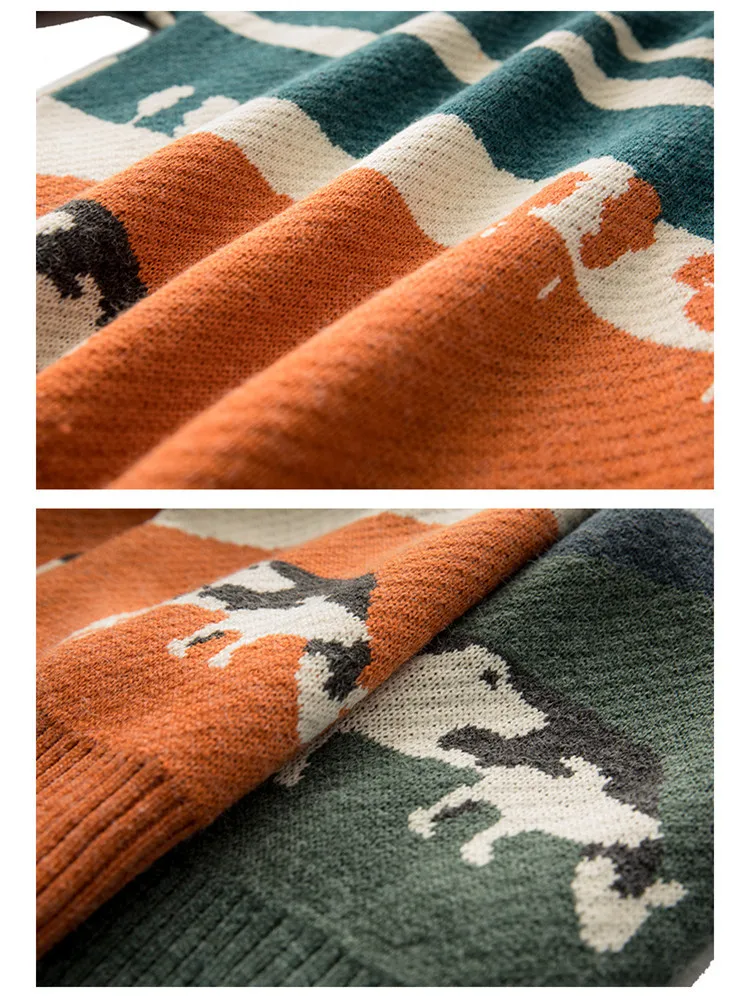 Harajuku Cow and Prairie Man Knitted Sweaters Literary Style O-Neck Long Sleeve Thick Warm Pullovers Green Plush Loose Jumpers