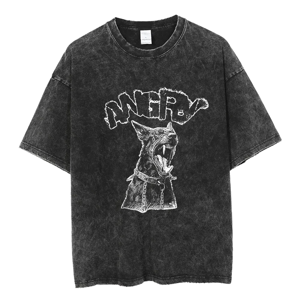 Coolmind U0130 Angry Dog Print Acid Washed Cotton Мужская футболка Уличная винтажная эксклюзивная