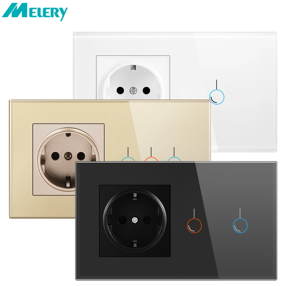 

146 Light Switch EU Plug Socket Tempered Glass Touch Panel 1/2/3 Gang Lamp interrupter Conjoined Electric Outlets Office Home
