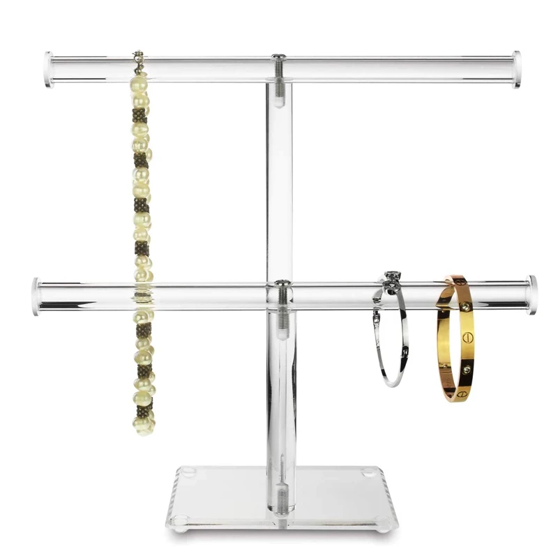 Fashion Clear Acrylic Round Bracelet Display Holder 2 Tier T-Bar Jewelry Display Bracelet Display Holder Stand Display Organizer