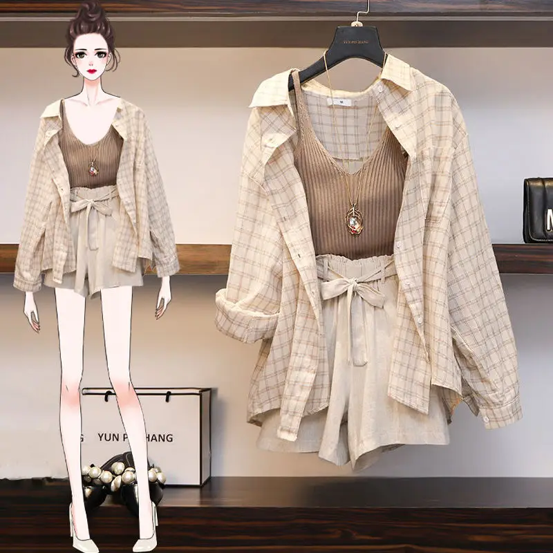 

Летний повседневный комплект из 3 предметов, рубашка в полоску с длинным рукавом, топ + шорты + кардиган без рукавов, женская одежда, инструме...