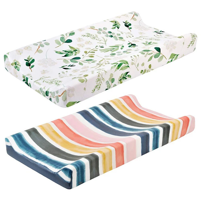 

2 Pcs Baby Diaper Changing Pad Cover Cradle Mattress, Fabric Changing Mat Cover Green Leaves & Rainbow Strips