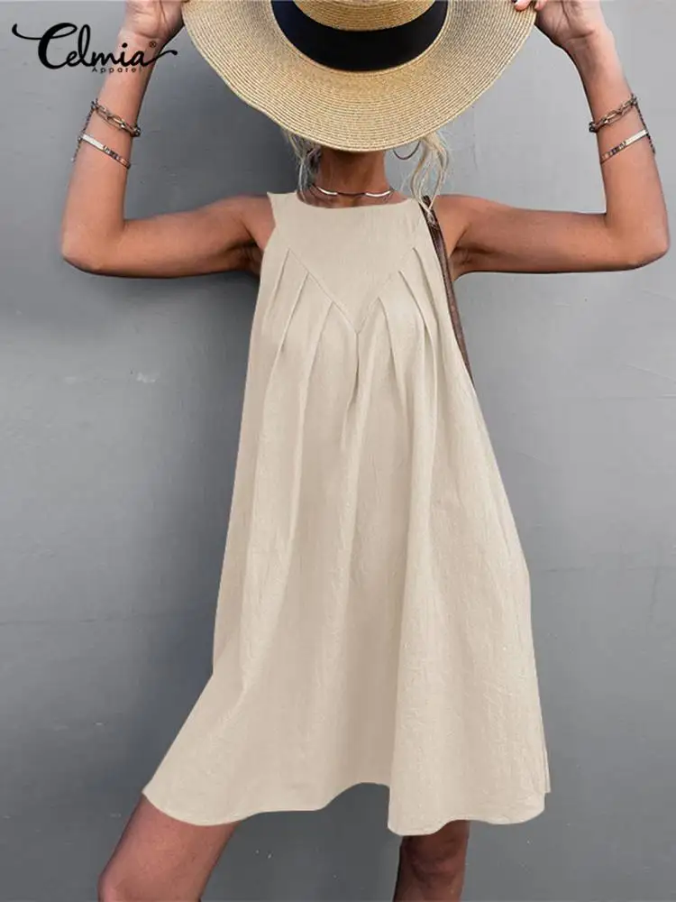 

Celmia Breathable Cotton Sleeveless Mini Sundress Fashion Lightweight Pressed Pleats 2022 Summer Short Robes O-neck Women Dress