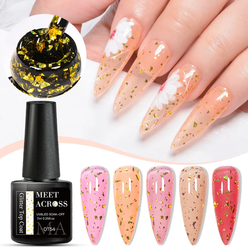 

MEET ACROSS 1/2PCS Gold Glitter Top Coat Rose Gold Glitter Nail Gel Polish Function Gel Semi Permanent Soak Off Gel Varnish 7ml