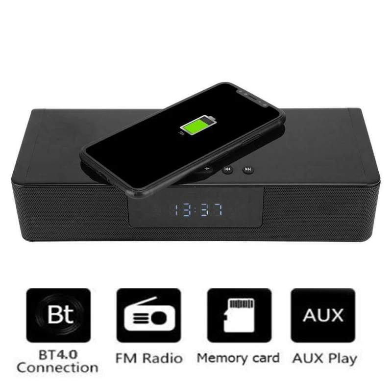 

Hometheater TV Speaker with Wireless Charging FM Radio Portable Bluetooth Speaker Alarm Clock Subwoofer Bass Stereo Music Center