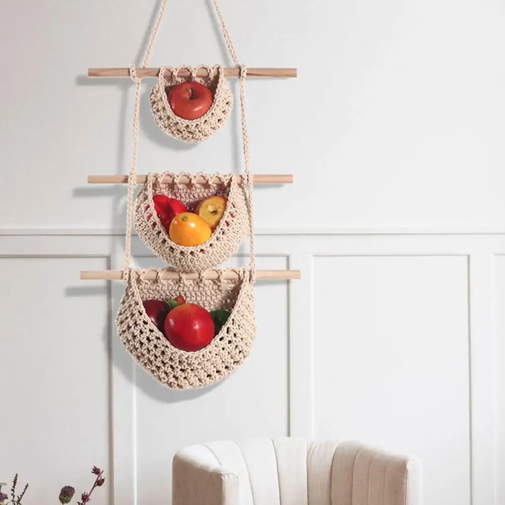 

Hanging Fruit Basket Three-layer Wall-Mounted Storage Basket Bohemia Woven Vegetable Fruit Storage Net Bag Kitchen Tools