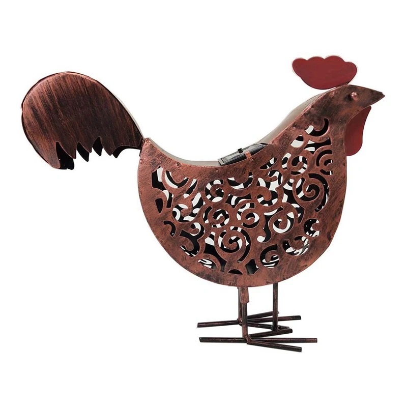 

Solar Metal Scroll Rooster Garden Sculpture, 3 D Rooster Statue Lantern Lights Table Outdoor Solar Light Art Decor