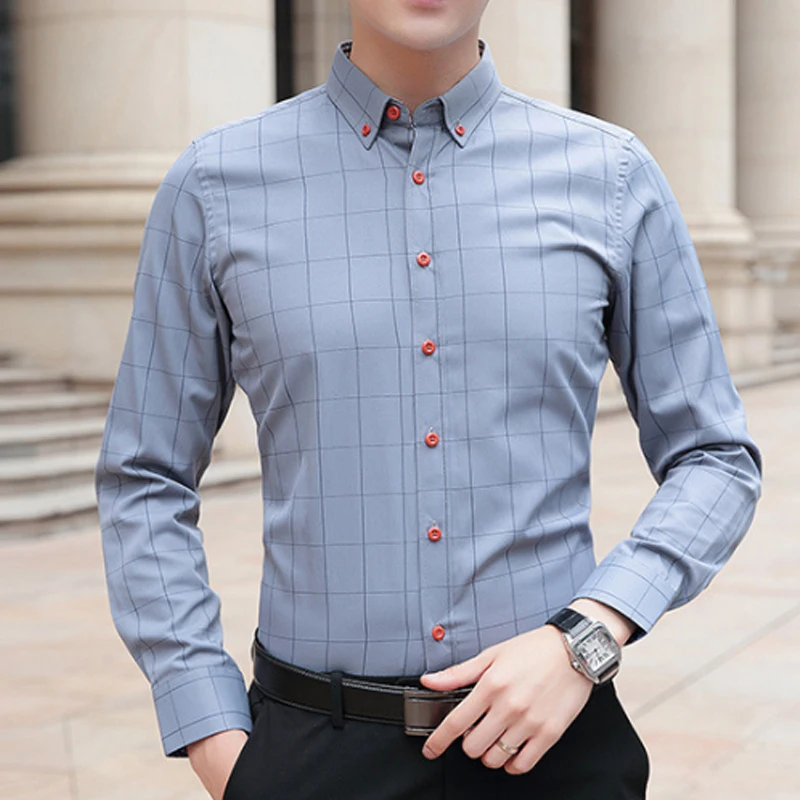 Spring and Autumn New Men's Shirts Long Sleeve Plaid Anti-Wrinkle Comfortable Fashion Cotton Fitted Business Casual Slim Shirts