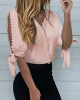womens summer short sleeve chiffon slim shirt tops 2022 spring fashion new sexy v neck elegant pure color lacp up top