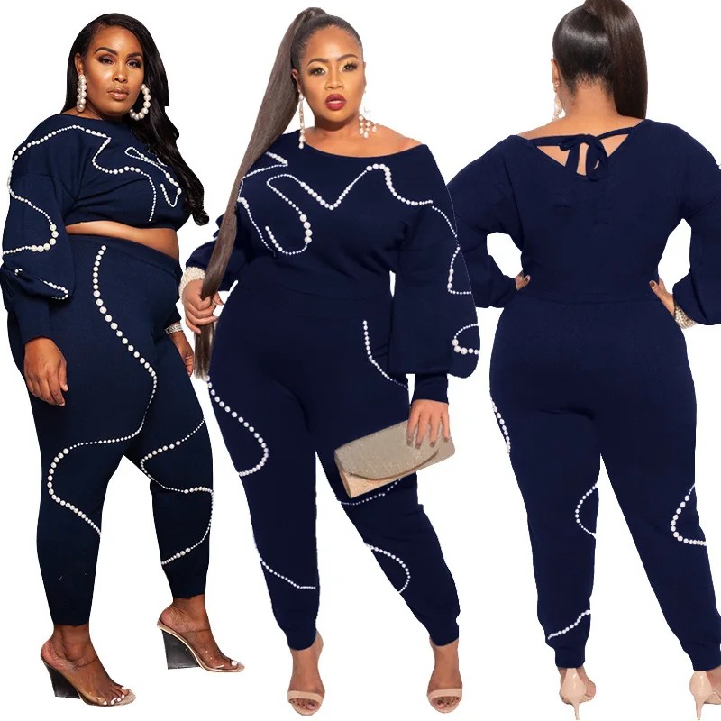 

Женский спортивный костюм размера плюс 5XL, комплект из двух предметов, трикотажный топ с длинным рукавом и брюки, спортивный костюм, комплек...