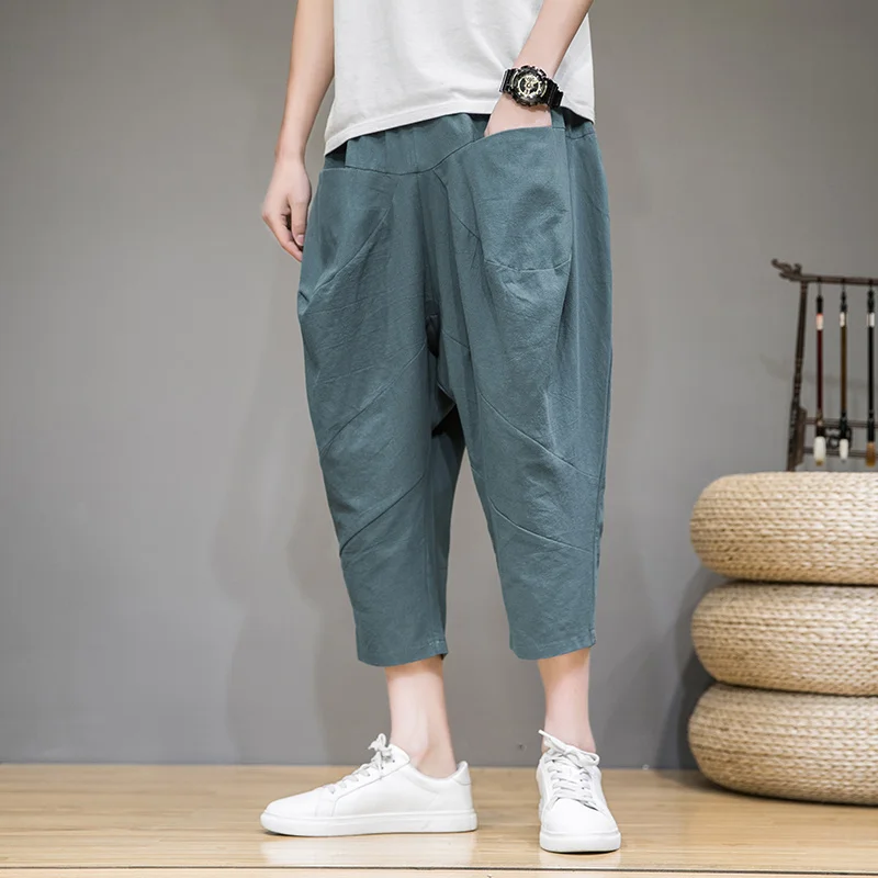 

Брюки-багги мужские длиной до щиколотки, хлопково-льняные штаны-султанки в Корейском стиле, уличная одежда в стиле хип-хоп, 2023
