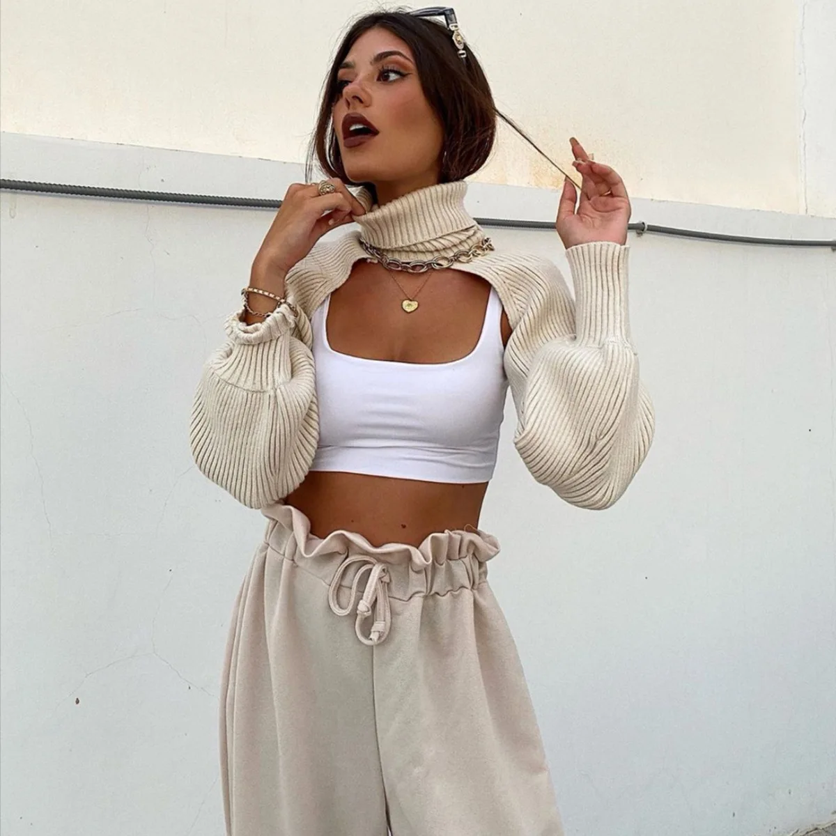 

Fashion Crop Top Sweatshirt Women Sexy Tops Sweater Solid High Collar Long Sleeve Clothes Femme Apring Autumn