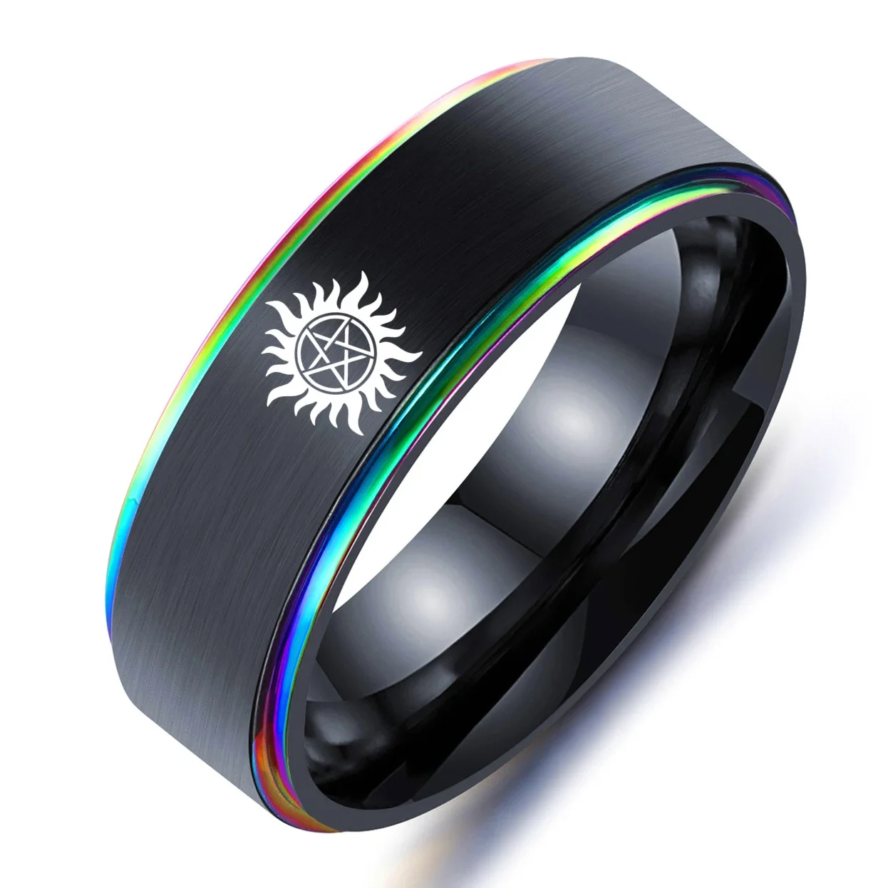 8MM Signet Ring Men's Sun Power Supernatural Titanium Steel For Men Jewelry Wedding Engagement Gifts Accessories