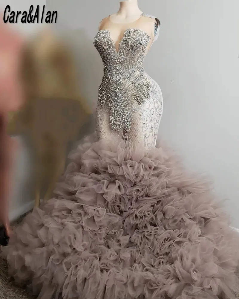 

Роскошные платья-русалки с кристаллами для выпускного вечера 2023, юбка без рукавов с глубоким круглым вырезом и оборками, вечерние платья, пл...