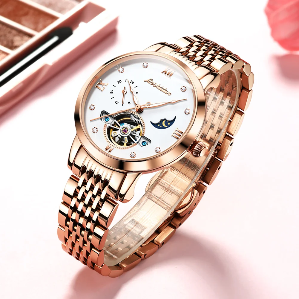 2023 New TAXAU Automatic Skeleton Mechanical Ladies Dress Wristwatch Bracelet Luxury Rose Gold Stainless Steel Watch For Women