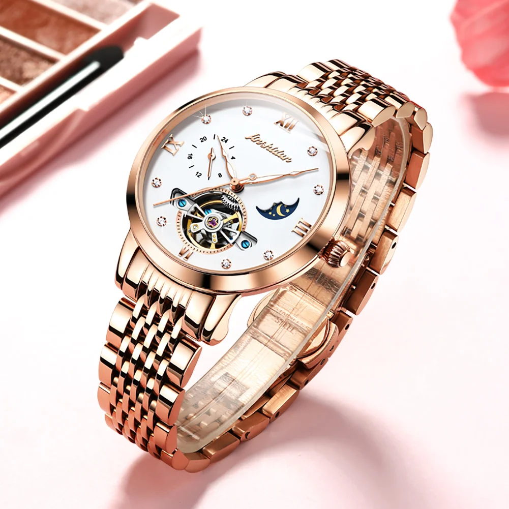 

2023 New TAXAU Automatic Skeleton Mechanical Ladies Dress Wristwatch Bracelet Luxury Rose Gold Stainless Steel Watch For Women