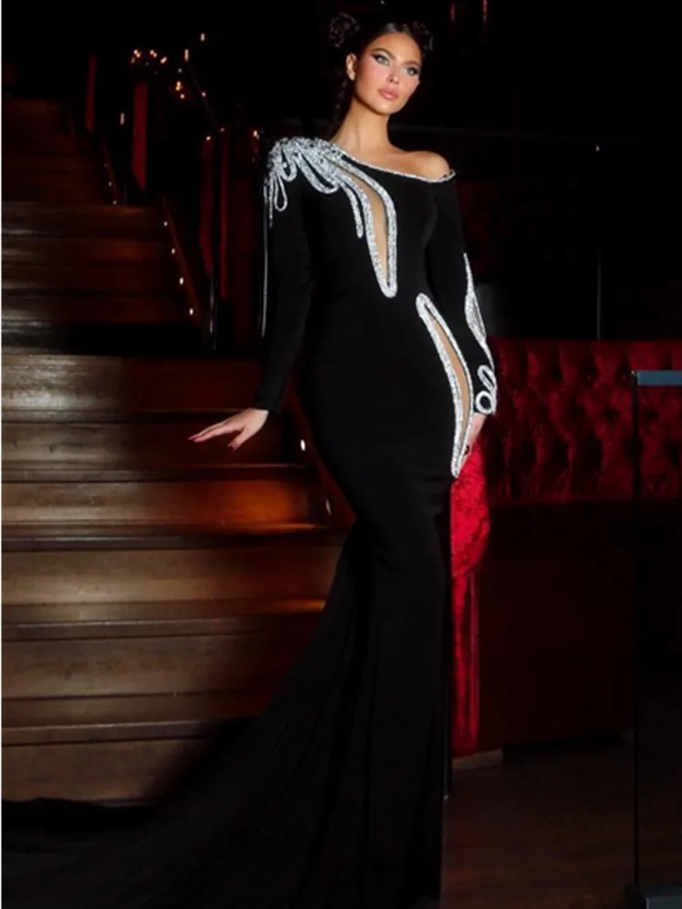 Dress Party Evening Elegant Luxury Celebrity Women Black Long Sleeve Diamonds Design Maxi Long Birthday Dress Prom Gowns