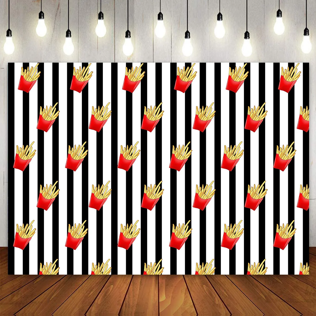 

Fries Patter Backdrop Fried Junk Food Snack Picnic Pizza Party Decor Background for kids Black White Stripes Banner Photo Studio