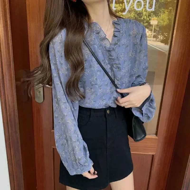 Женская шифоновая блузка с длинным рукавом и V-образным вырезом