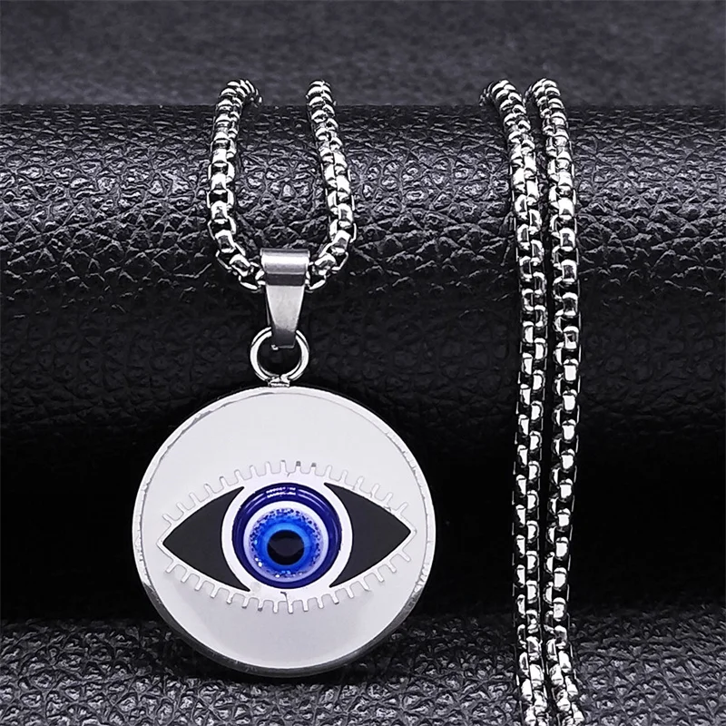 

Lucky Turkish Eye Stainless Steel Chain Necklace Women/Men Silver Color Evil Blue Eyes Pendant Necklaces Amulet Jewlery collares