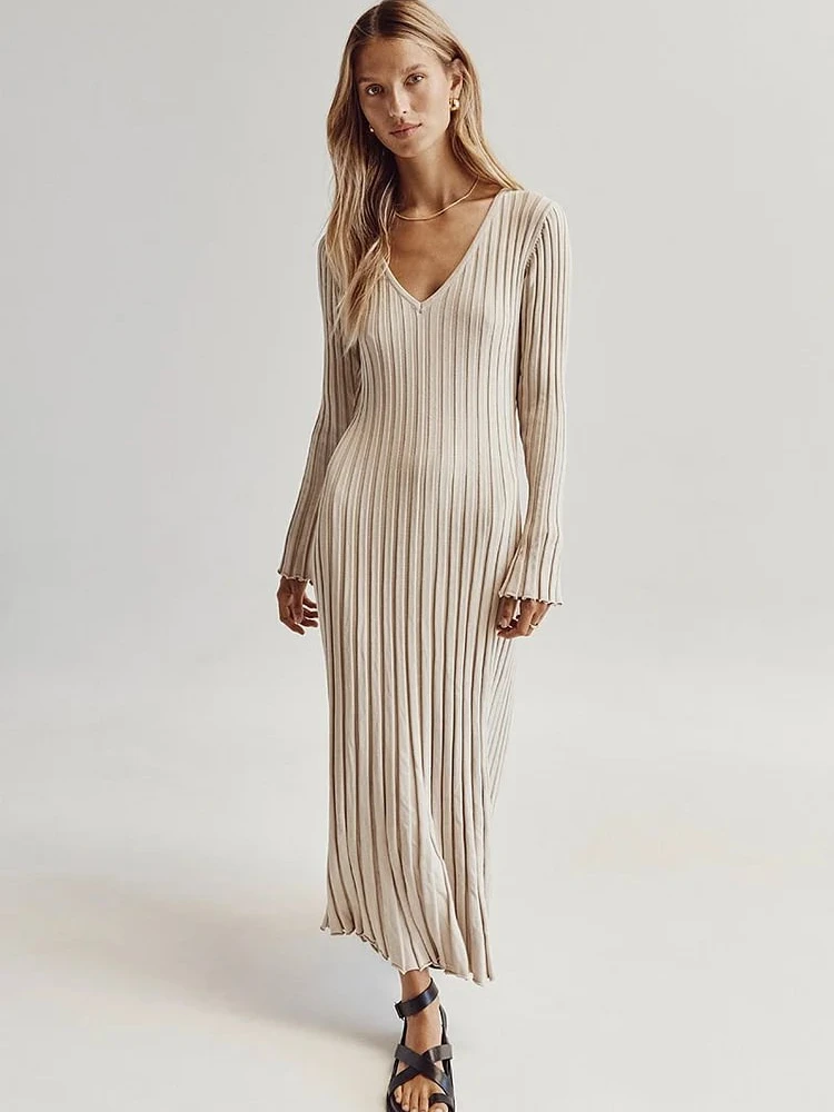 

Spring Sweater Dress for Women Summer New Fashion Knitted Dress Casual Waisted V-Neck Pit Slimming Knitted Long Dress for Women