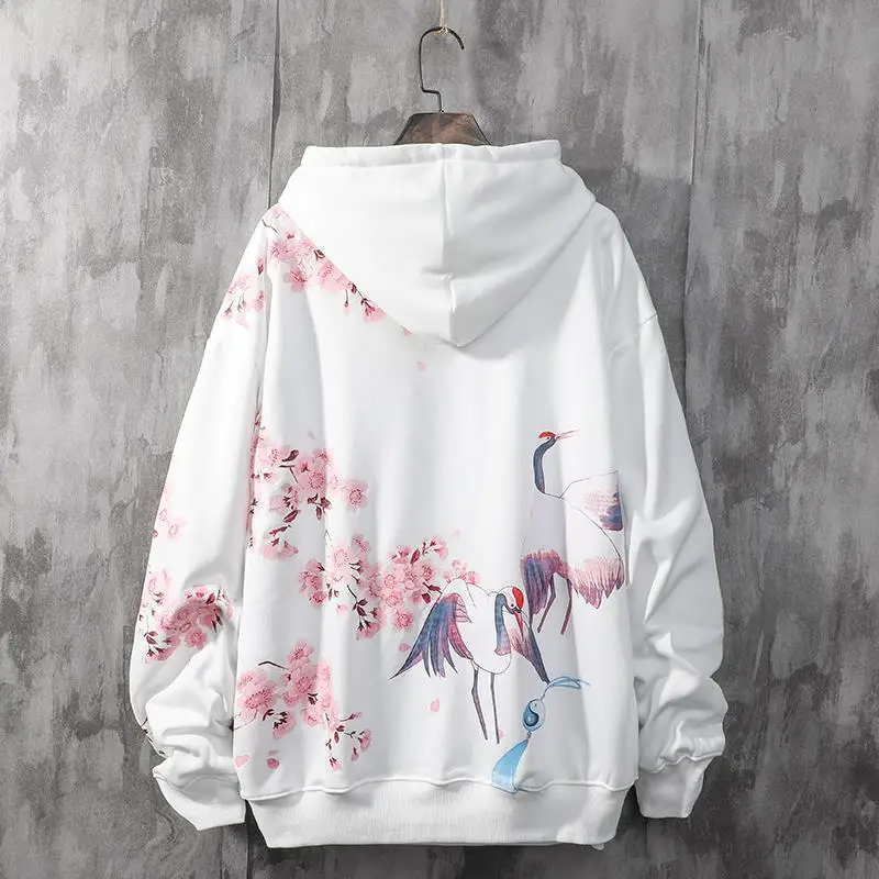 

Chinese Style Couple Hooded Men's Autumn Thin Style Loose National Trend Cherry Blossom Pink Crane Casual Hooded Men