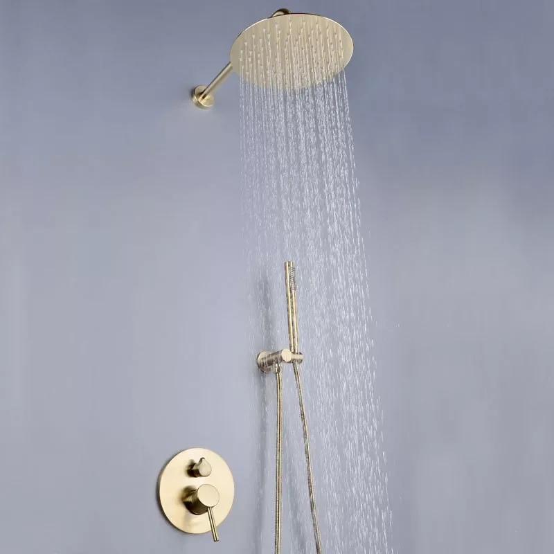 

Brushed Gold Bathroom Shower Faucet Set 10 Inch Shower Wall Mounted Mixer High Quality ALL Brass Two Function Rainfall Shower