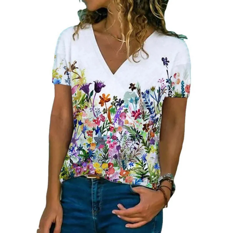 

2023 summer new V-neck short sleeve flower print ladies 3D loose fashion T-shirt top