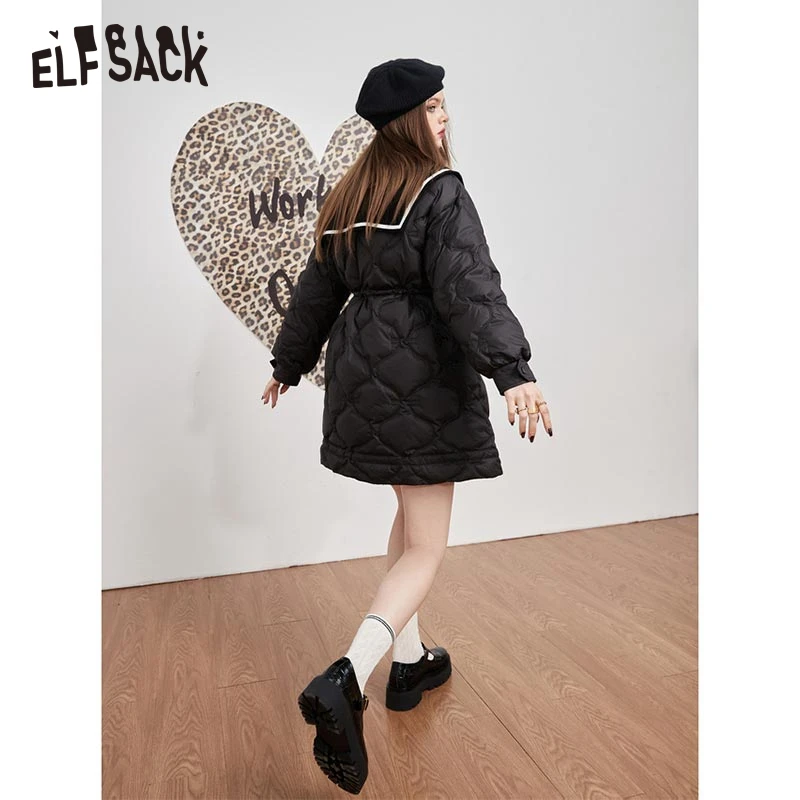 ELFSACK Black Detachable Wool Collar Down Coats Women 2022 Winter New Loose Warm Outwears