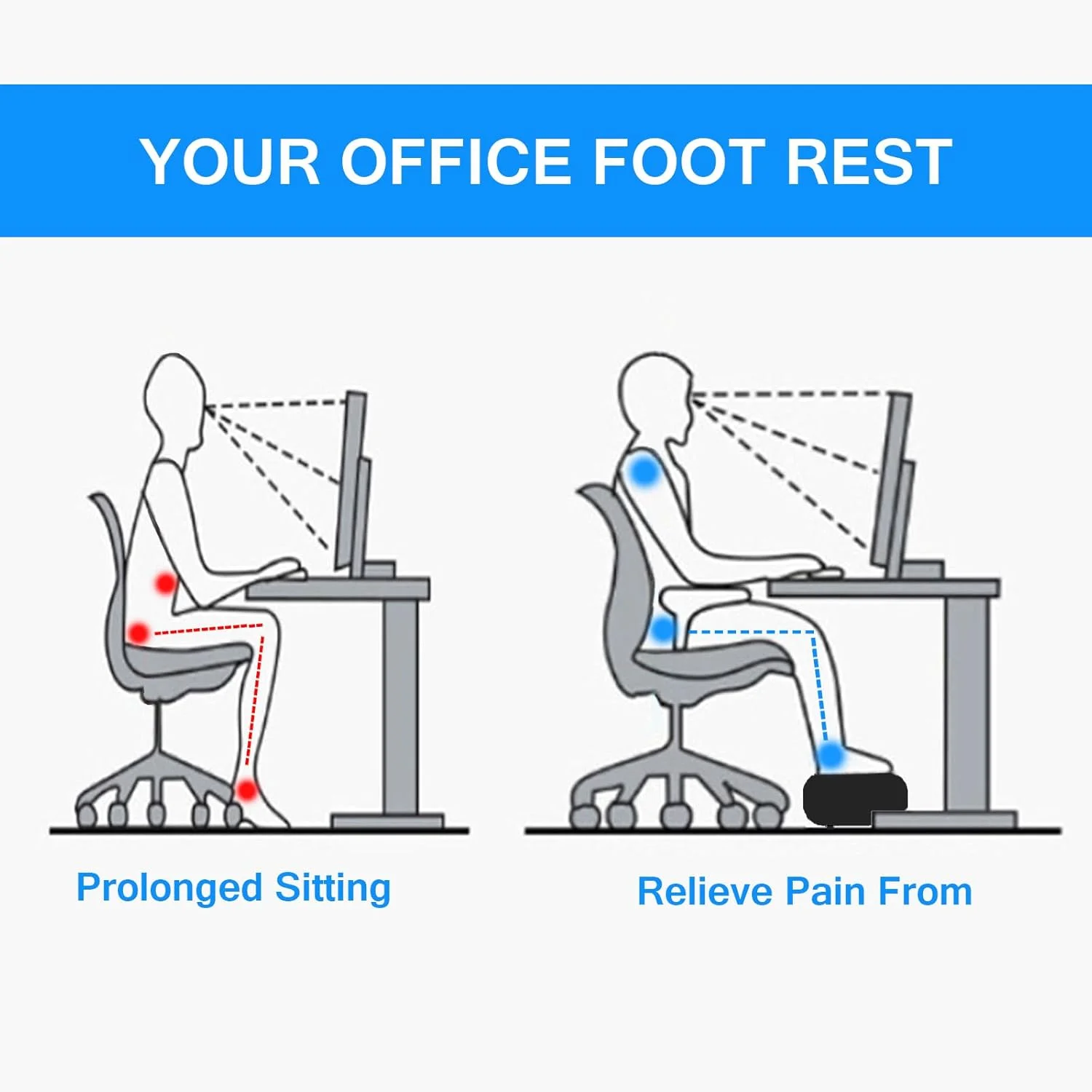 Foot Rest for Under Desk at Work Memory Foam Ergonomic Stool with Adjustable Height Footrest Back & Hip Pa
