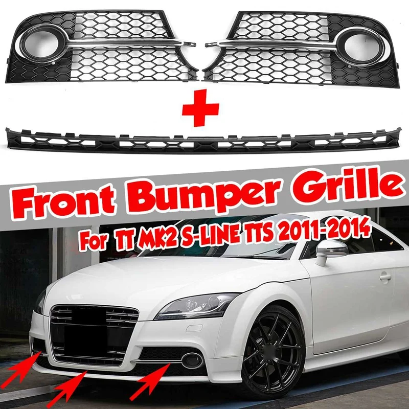 

Car Front Bumper Fog Light Lamp Grilles Honeycomb Cover & Front Lower Grille For- TT MK2 S-LINE TTS 2011-2014