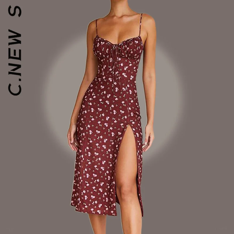 Женское Короткое платье без рукавов облегающее с цветочным принтом и высоким