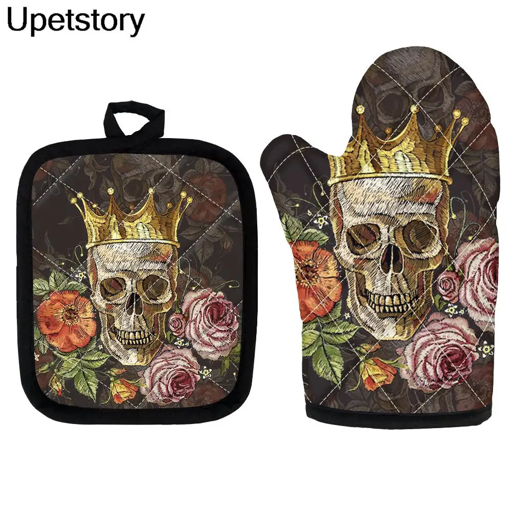 

Модные перчатки для духовки с цветочным рисунком черепа, перчатки для микроволновой печи с принтом короны, набор из двух предметов для кухн...