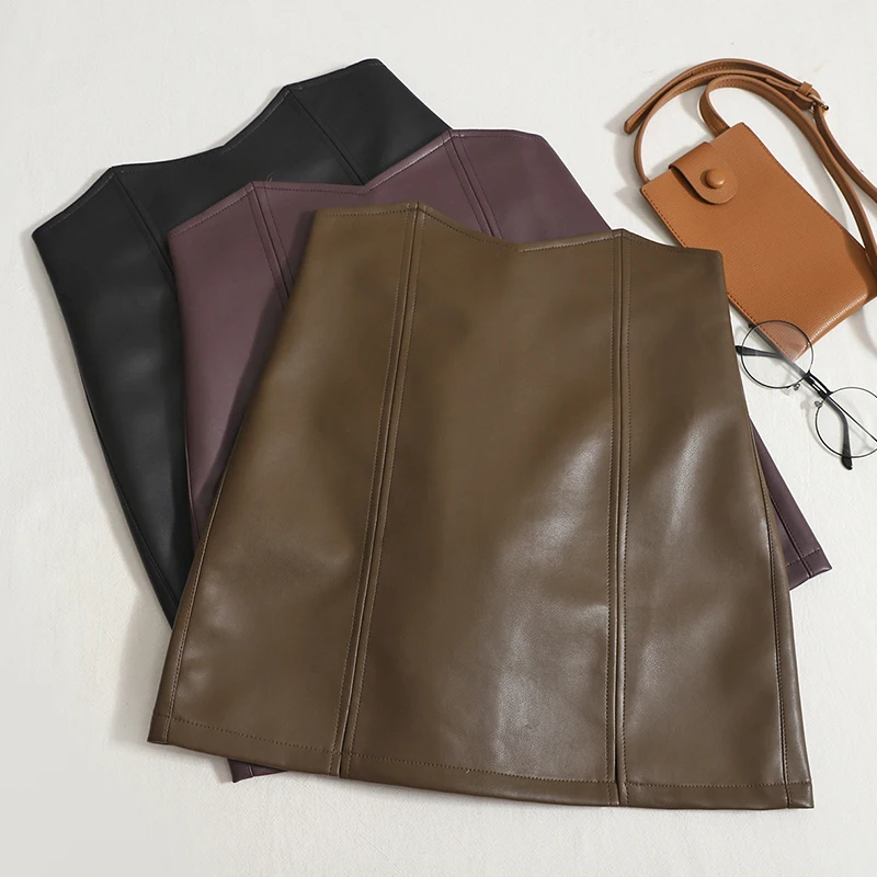 

PU Skirts Women Back Zipper High Waist Simple Pencil Skirt Girls Bottom With Linning Shorts