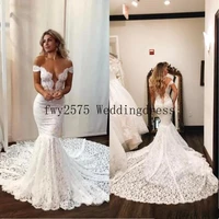 elegant full lace mermaid wedding dresses sexy sheer backless with buttons off the shoulder long train bride wedding gowns