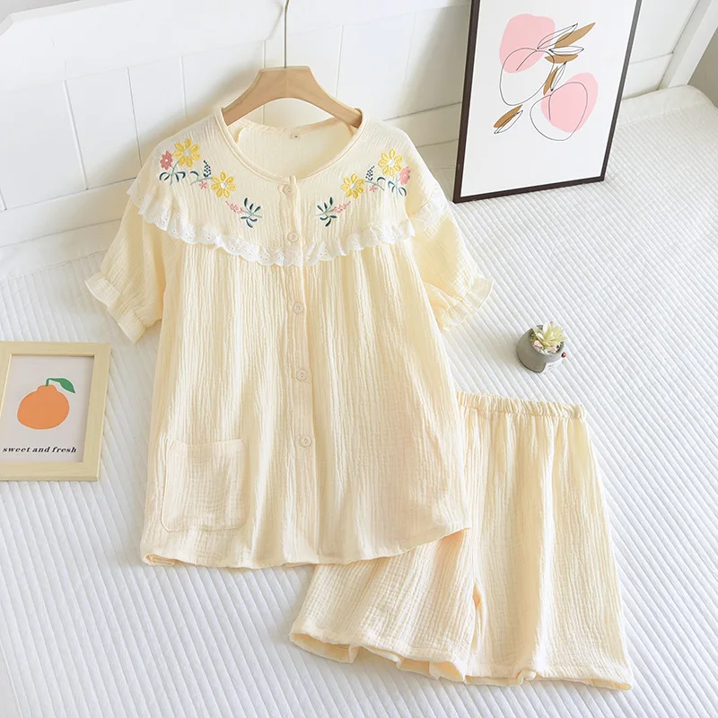 

New Summer Crepe Short-sleeved Shorts Pajama Set 100% Cotton Yarn Fresh and Simple Home Clothes Solid Two Piece Loose Pajamas
