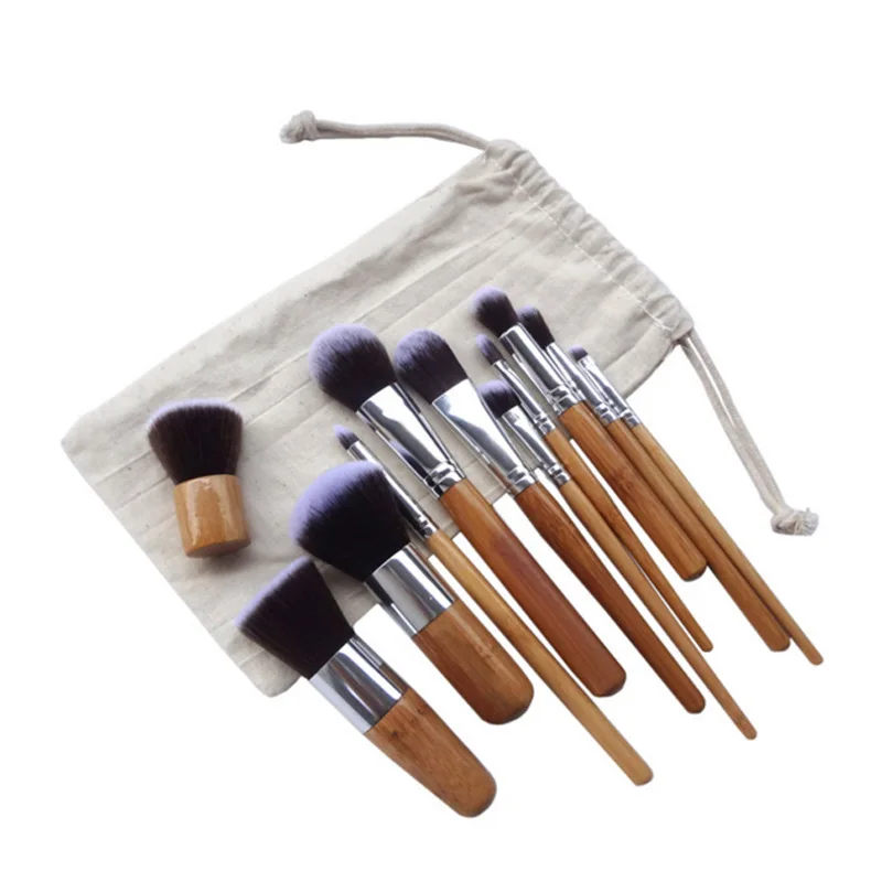 

Hot 11pcs Natural Bamboo Handle Makeup Brushes Set High Quality Foundation Blending Cosmetic Make Up Tool Set With Cotton Bag