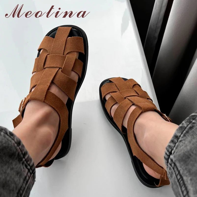 

Сандалии Meotina женские из натуральной кожи, босоножки-гладиаторы с круглым носком, плоская подошва, пряжка, модная летняя обувь цвета хаки, большие размеры 43