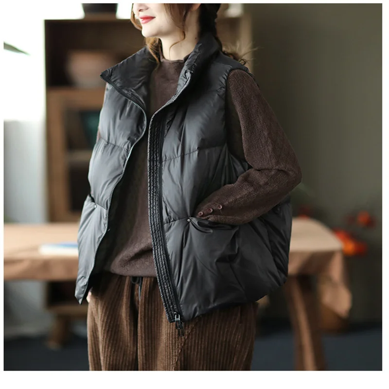 Short Standing Collar Women's Vest Jacket Woman Winter 2023 Demi-season Parka New In Outerwear Spring Female Leather Oversize