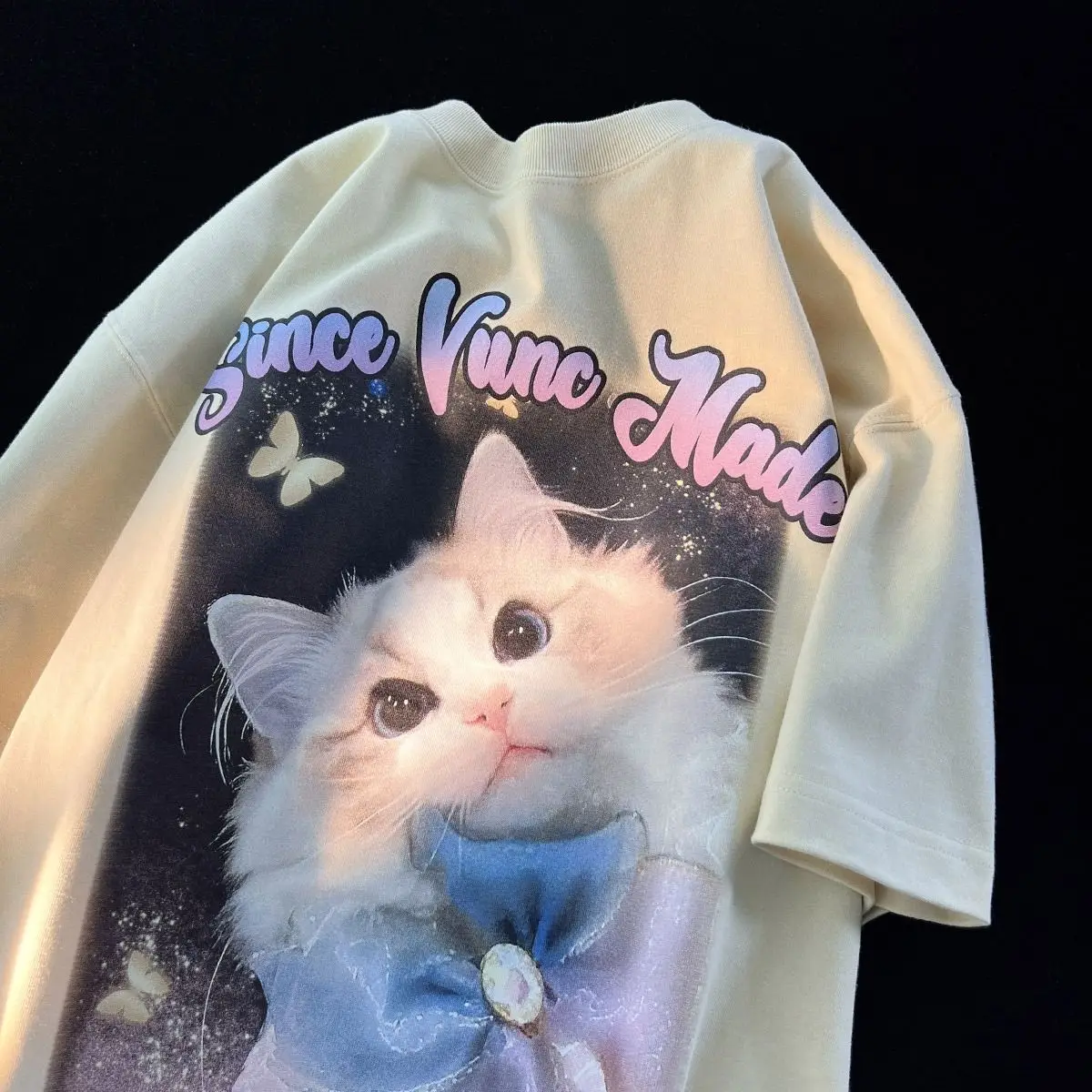 

Japanese Retro Cute Cat Print Pattern for Male and Female Couples Short Sleeved T-shirt Loose and Sweet Half Sleeved Top Ins