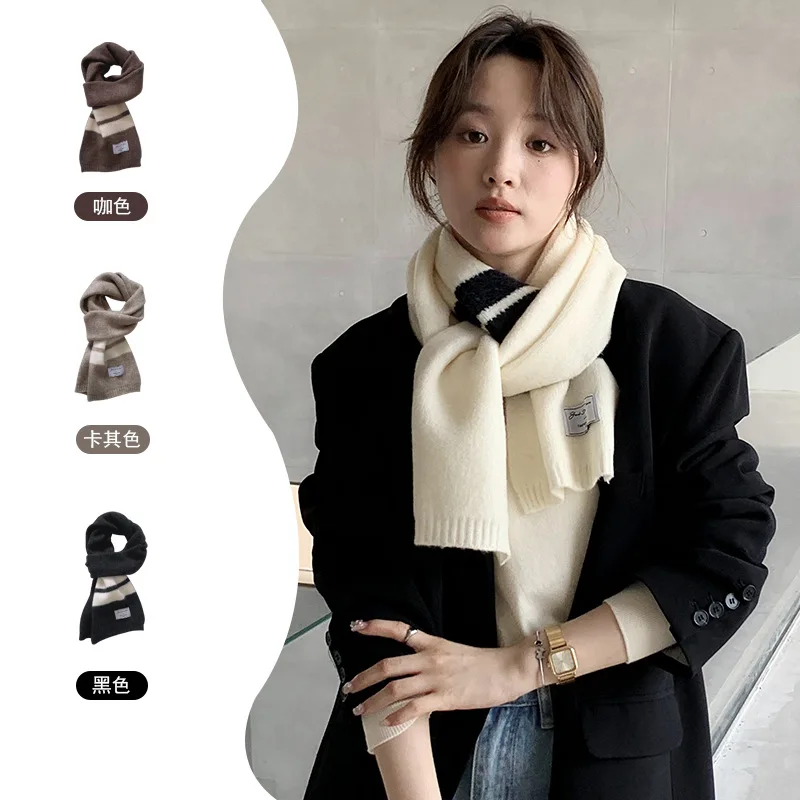 

Korean Style Warm Cashmere Scarf for Women Design Solid Woolen Yarn Bandana Lady Long Skinny Neckerchief Knitted Scarfs Foulard