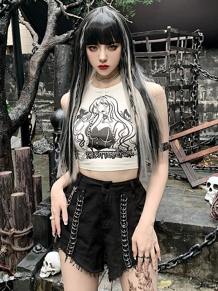 Женский короткий топ с металлической цепочкой и принтом в стиле Харадзюку -